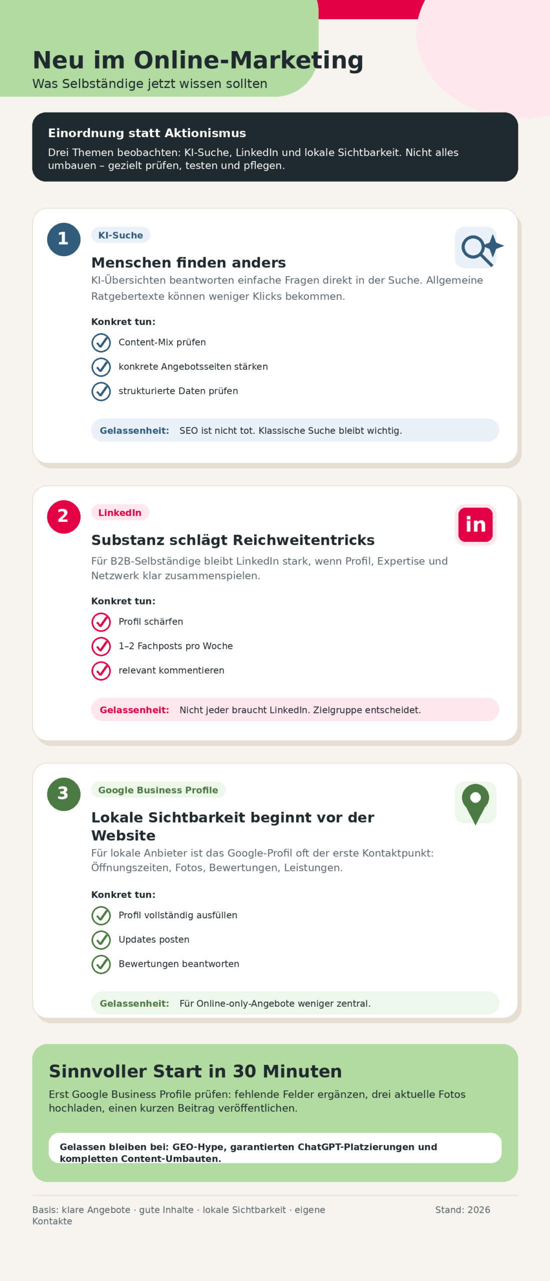 Infografik über 3 wichtige Online-Marketing Neuerungen 2026 KI generiert